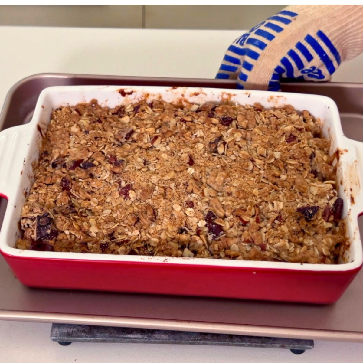 Just baked peach crisp out from the oven.