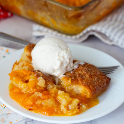 Cobbler on the plate with vanilla ice cream.