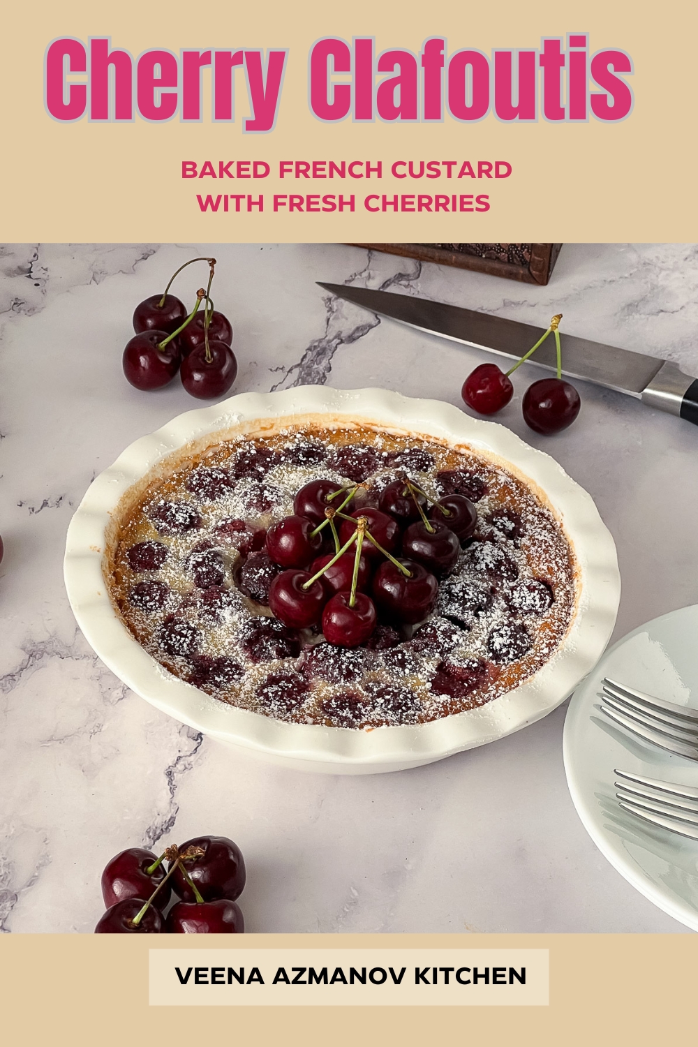 Pinterest image for Baked Fresh Custard Cherry Clafoutis.