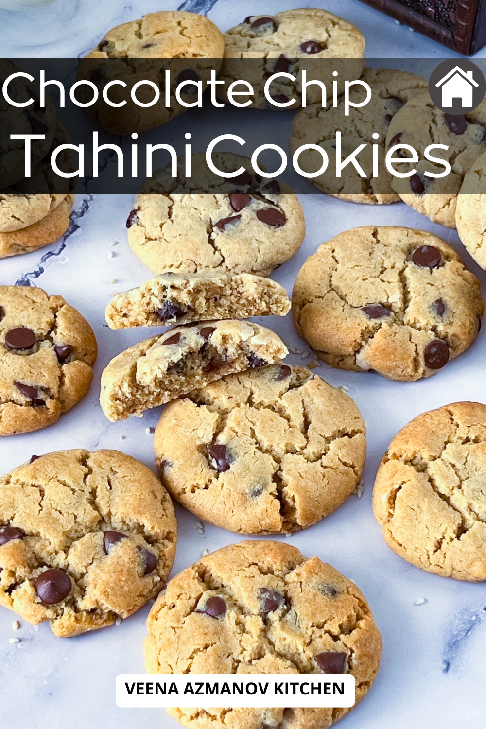 Pinterest image for Tahini Chocolate Chip Cookies.