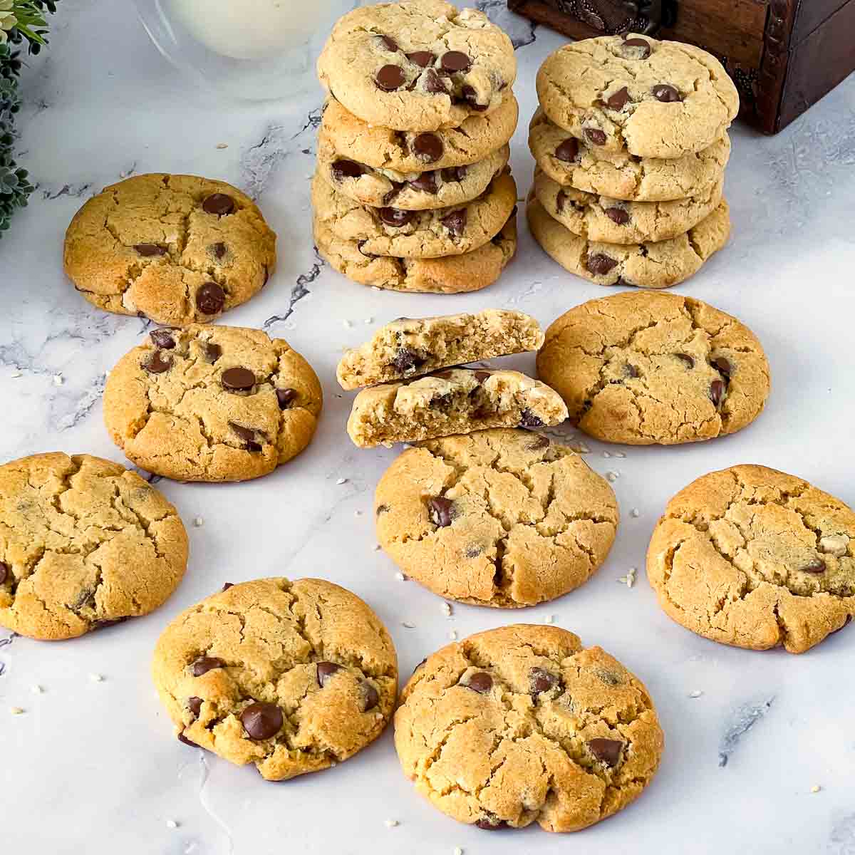 Chocolate chip tahini cookies on display.