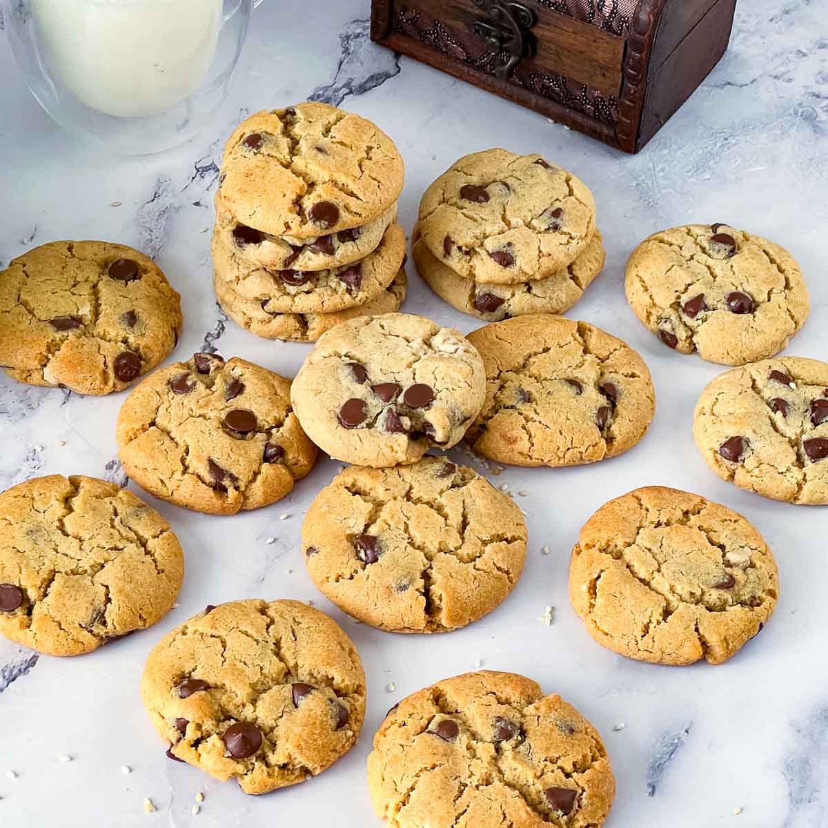 Tahini cookies with chocolate chips on the table.