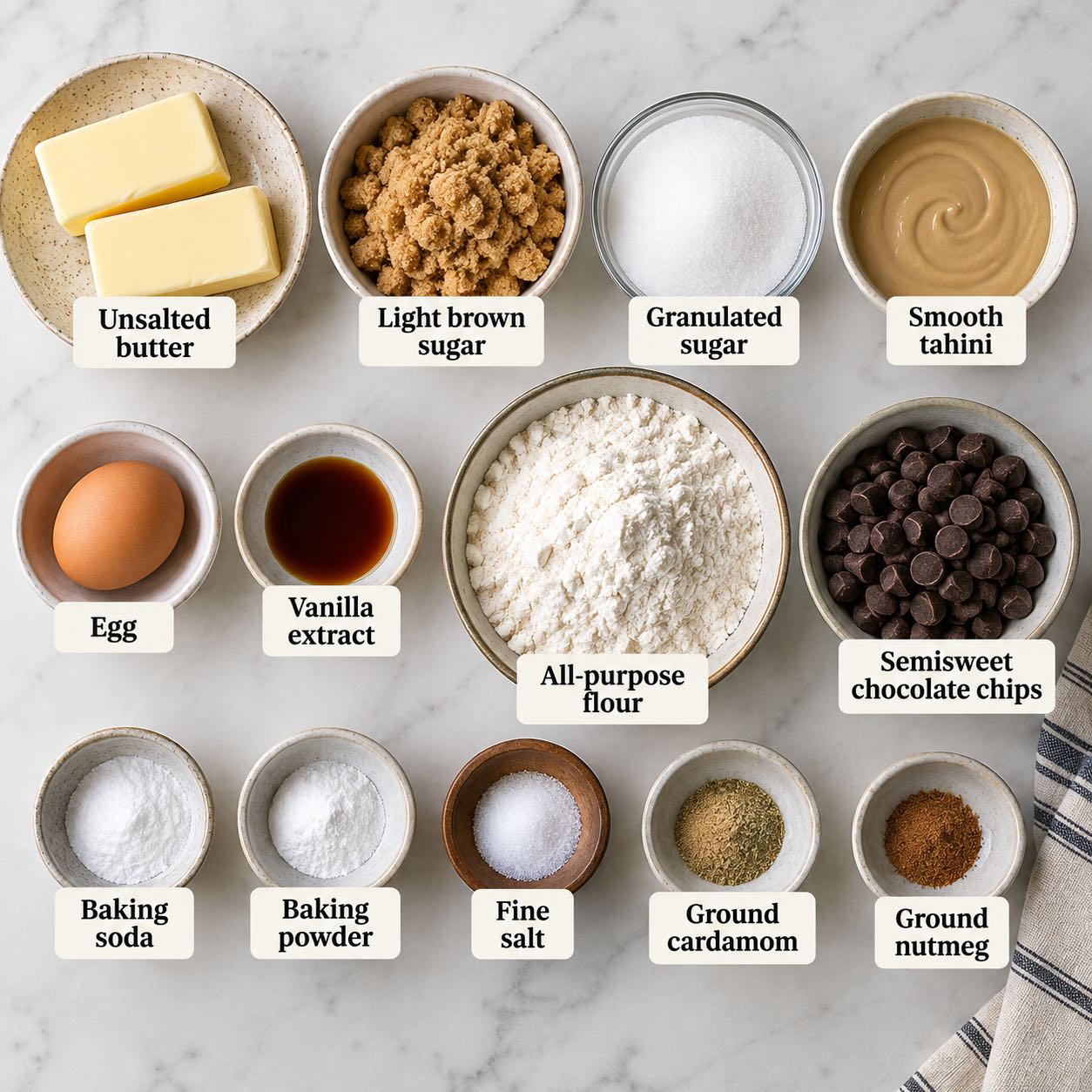 Ingredients for chocolate chip tahini cookies.