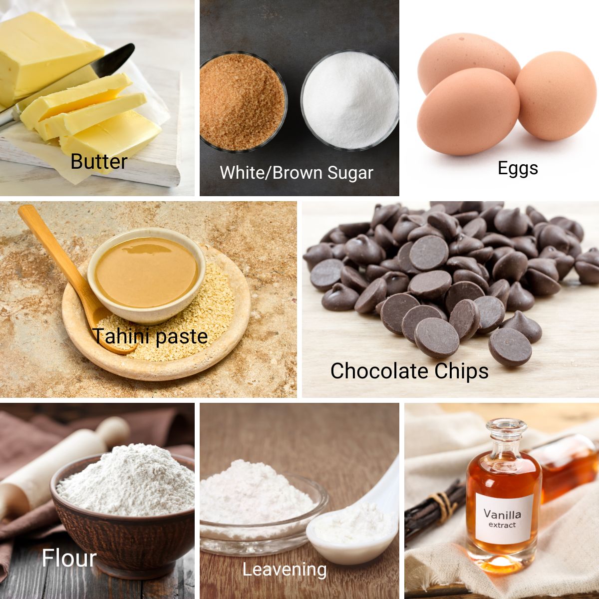 Ingredients for making chocolate chip tahini cookies.