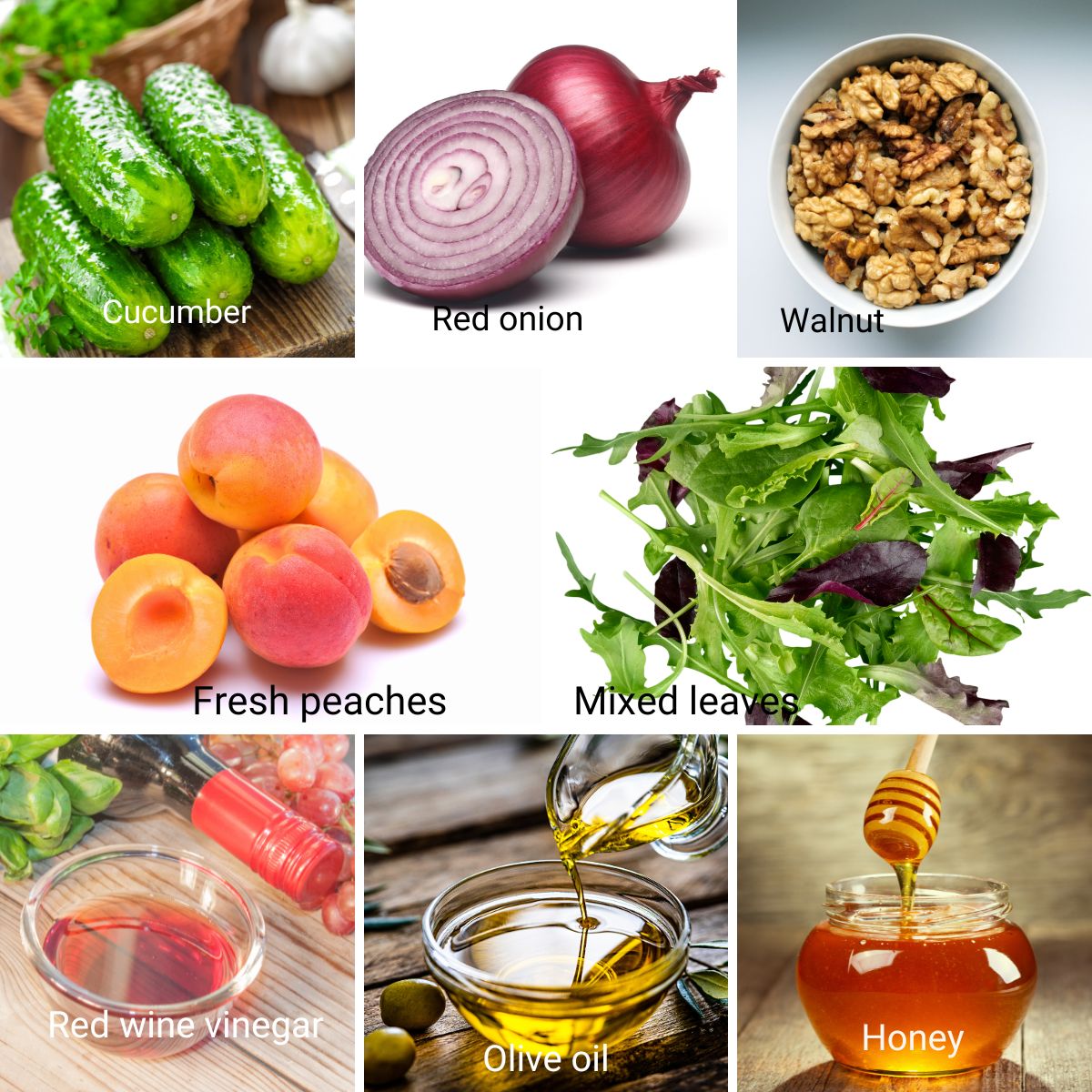Ingredients collage for peach salad.