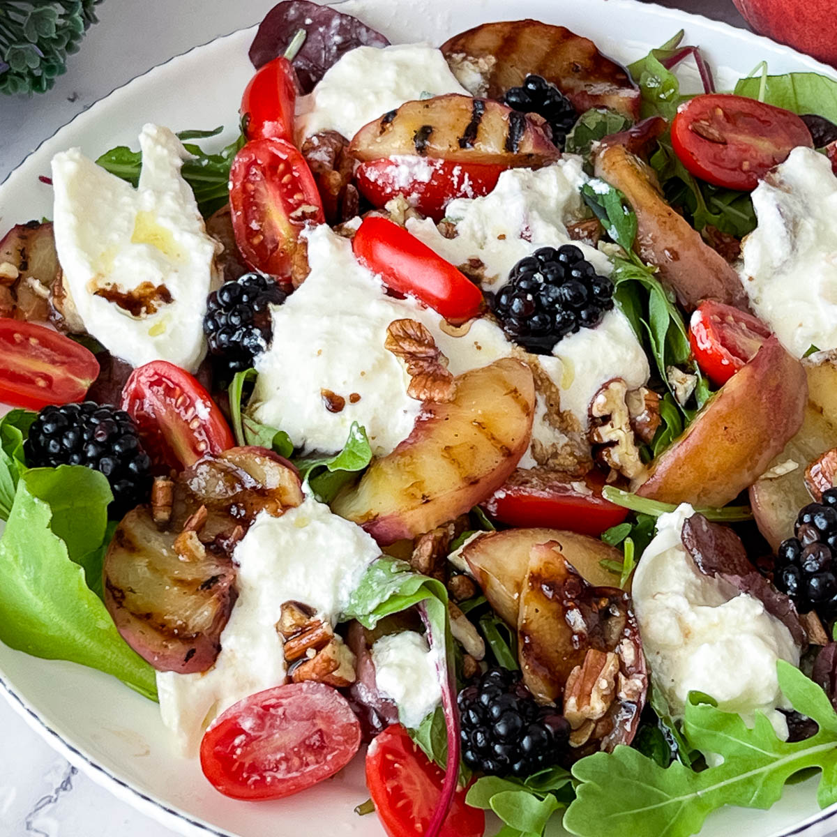 A white plate with fresh burrata salad.