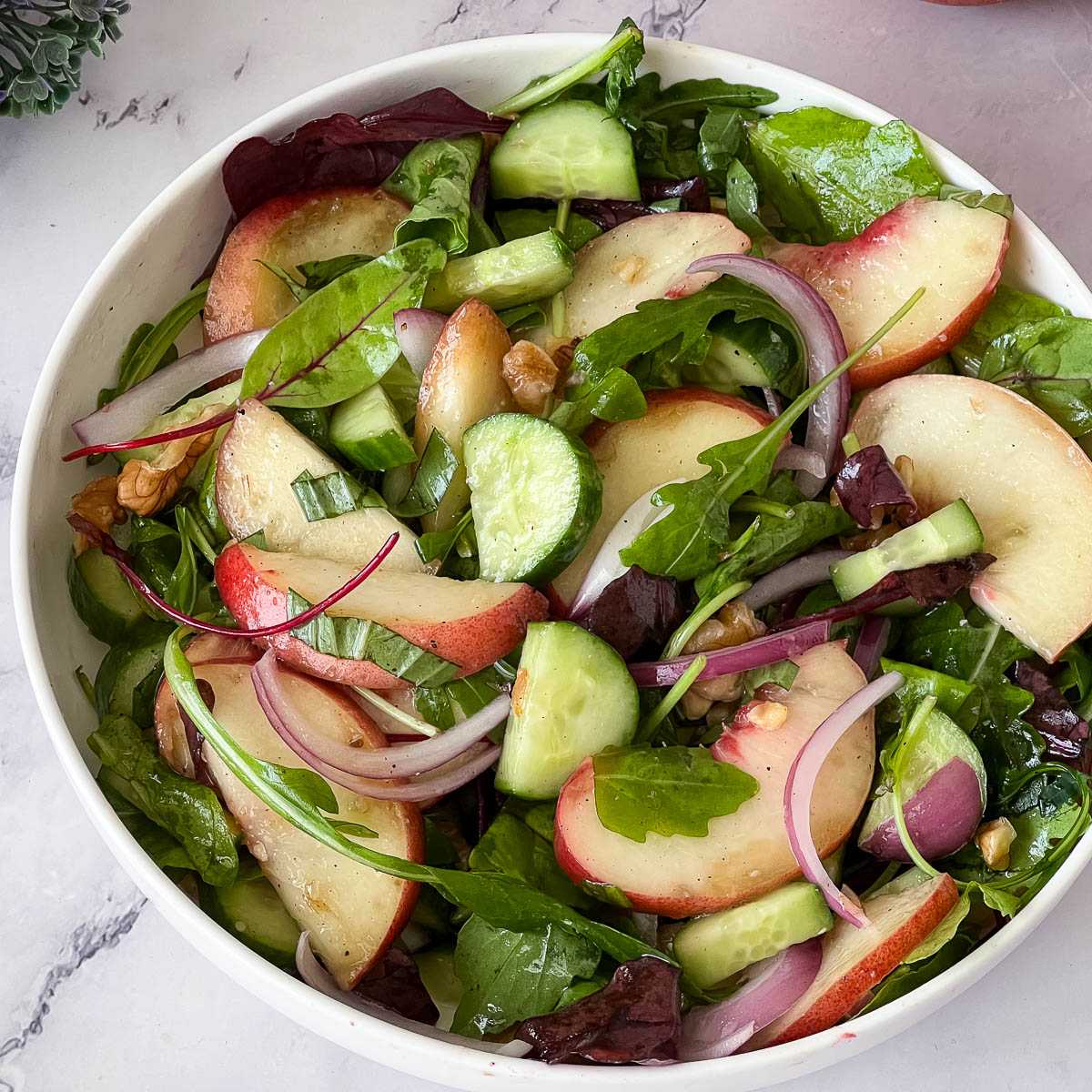 A white plate with fresh summer salad.