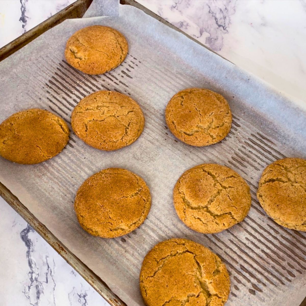 Cinnamon Sugar cookies on a baking tray.
