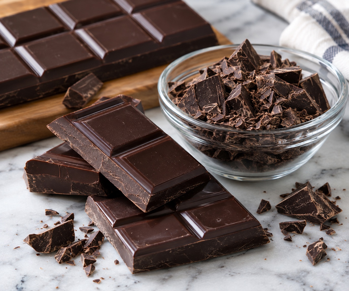A bowl with good quality Dark chocolate.