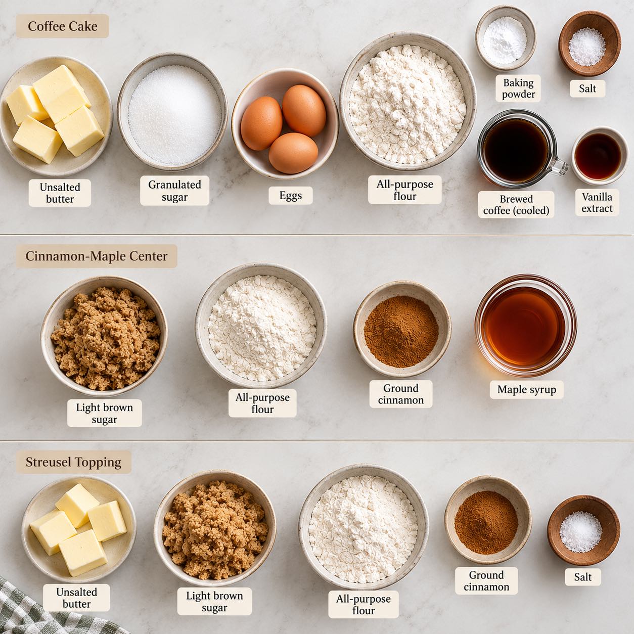 Ingredients for making coffee cake with streusel.