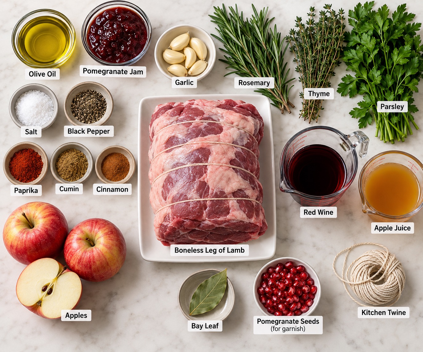Ingredients for Pomegranate Apple Roast Lamb.