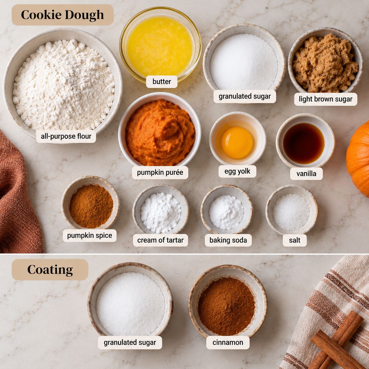 Ingredients for making Pumpkin Snickerdoodle cookies.
