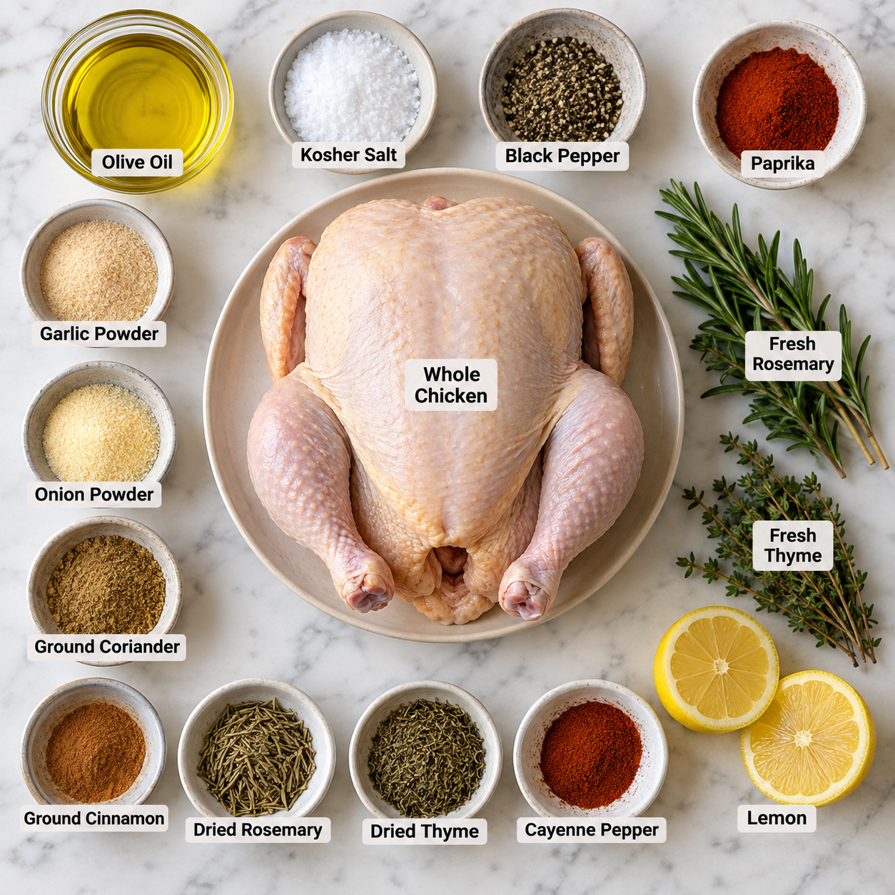 Ingredients for making roast chicken.