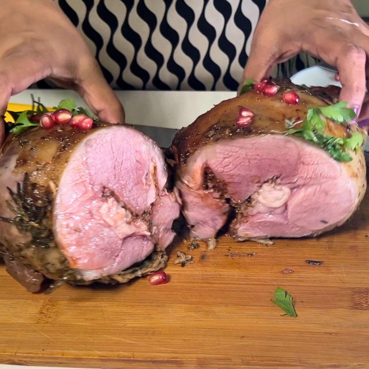 Slicing the roast lamb.