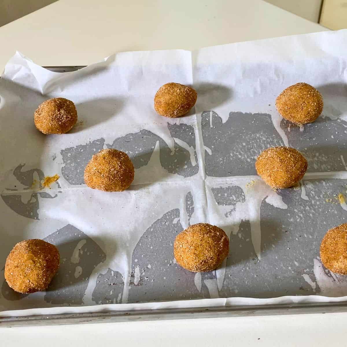 Pumpkin cookie dough balls with cinnamon sugar.