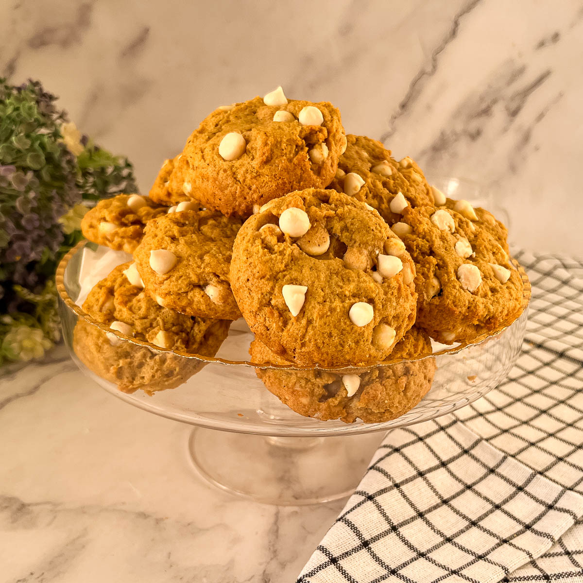 A stand with baked chocolate chip pumpkin cookies