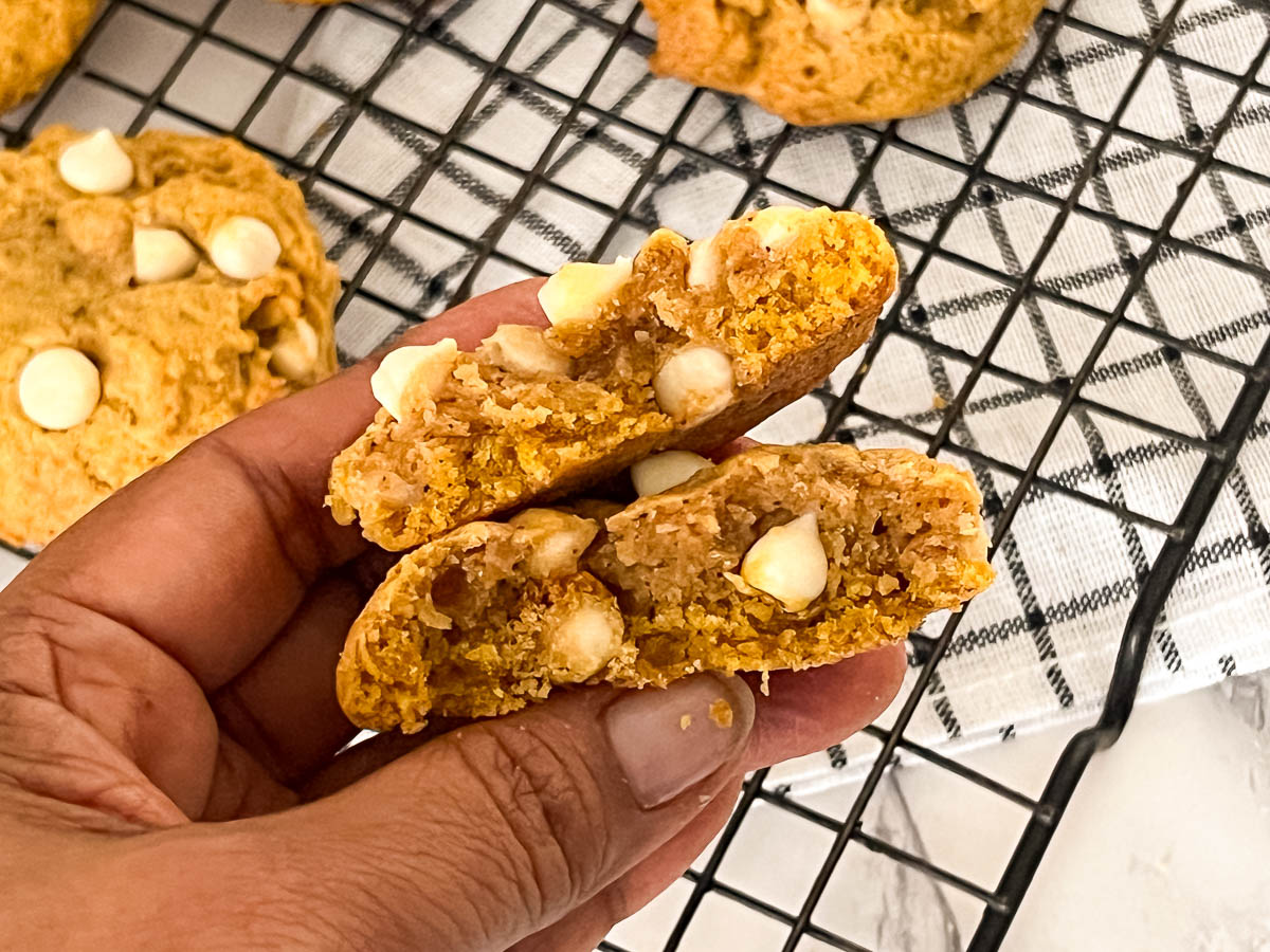 Showing the inside of the baked chocolate chip cookies.