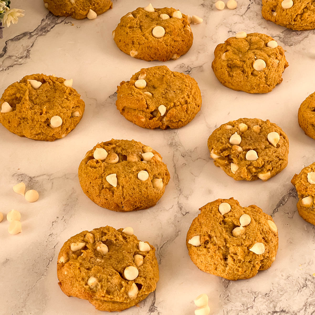 Pumpkin cookies with chocolate chips on the table.