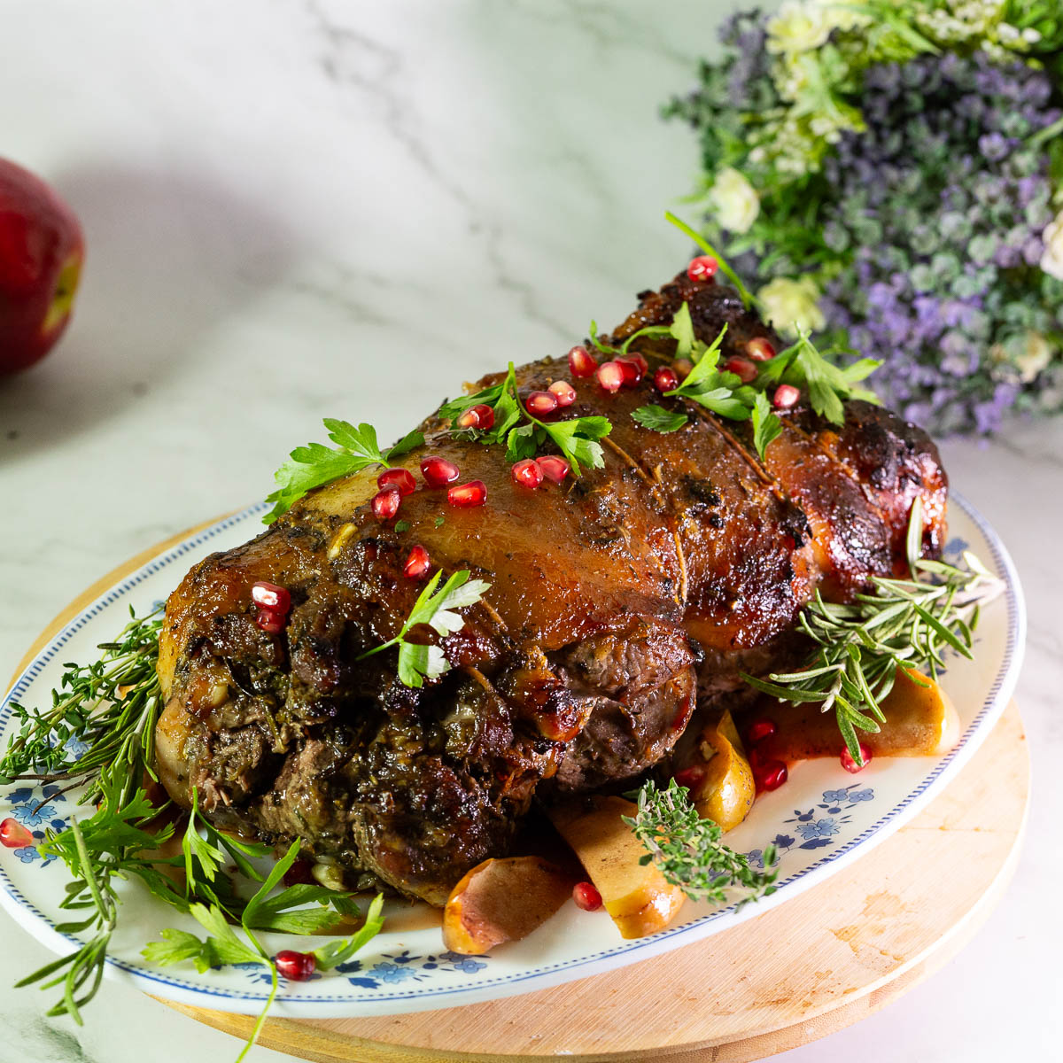 Boneless lamb roast with gravy.