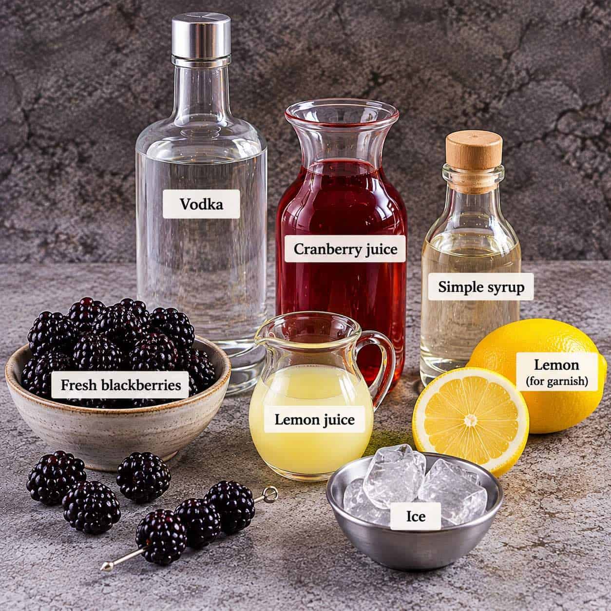 Ingredients for Black Widow Blackberry Cocktail.
