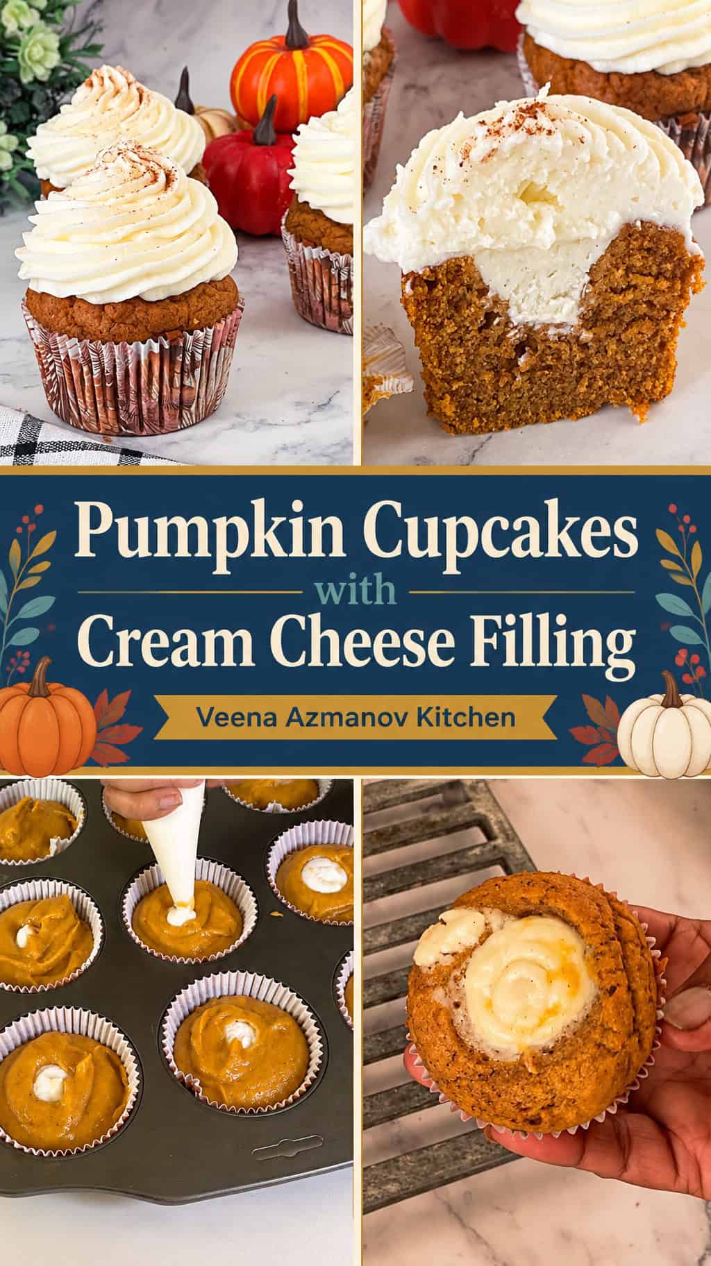 Pinterest image for pumpkin cream cheese-filled cupcakes.