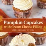 Pinterest image for pumpkin cream cheese-filled cupcakes.