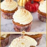 Pinterest image for pumpkin cream cheese-filled cupcakes.