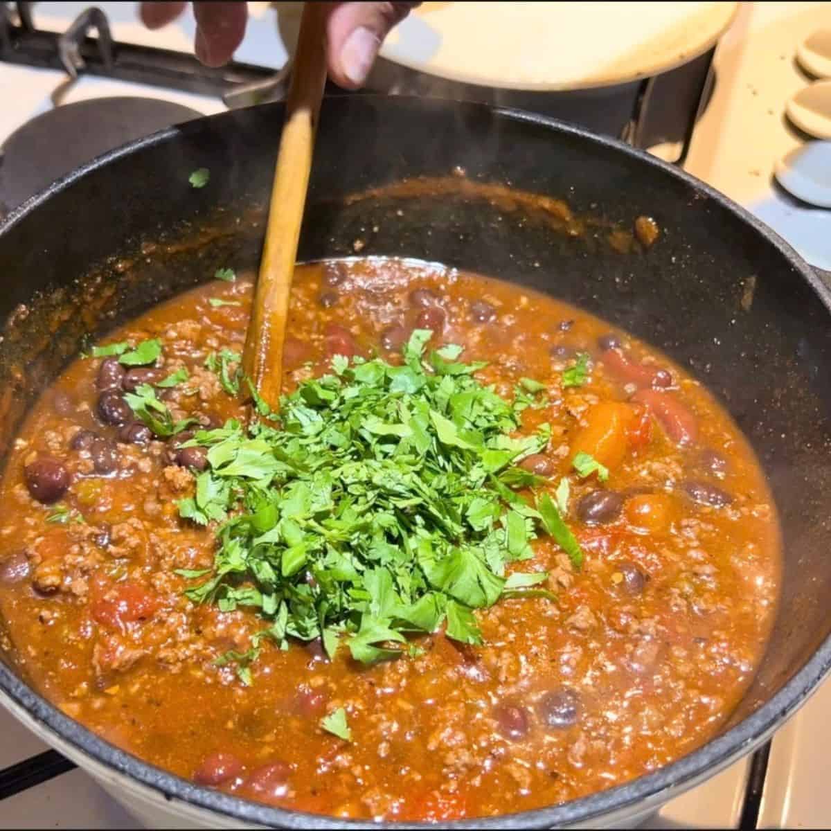 A cast iron skillet with ground beef and beans..