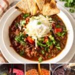 Pinterest image for Taco Soup - ground beef with beans soup.