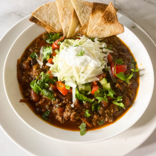 Ground beef taco soup in a bowl.
