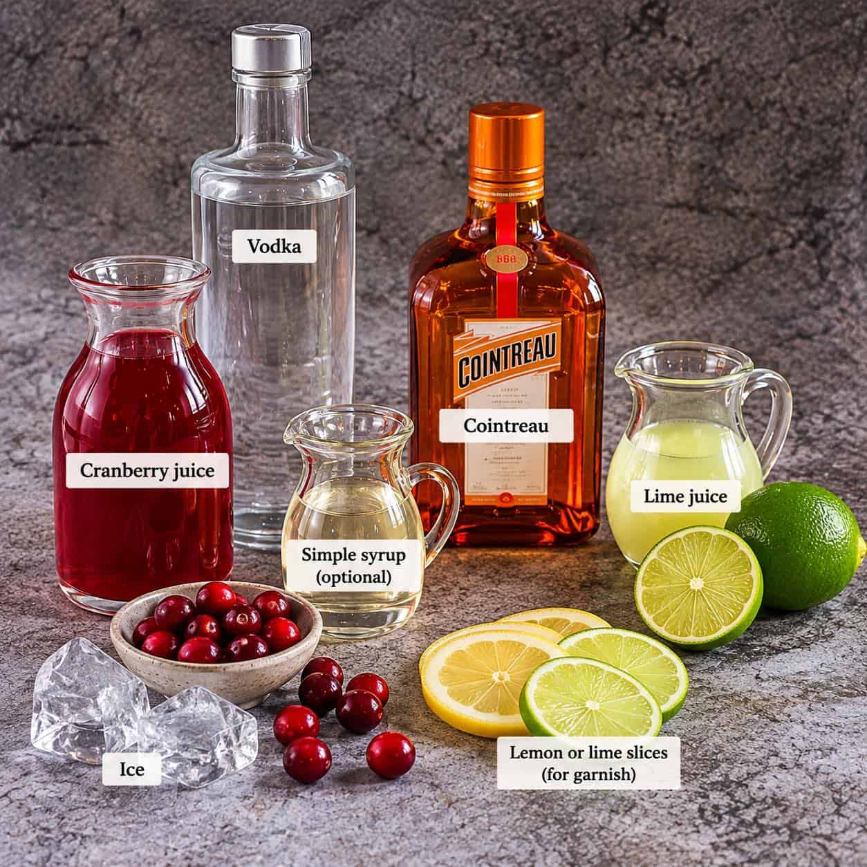 Ingredients for Halloween cocktail called Vampires Kiss.